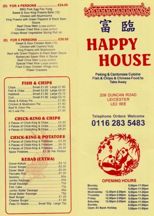 Happy House Chinese Takeaway On Duncan Road Leicester Everymenu